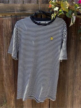 Empyre Black & White Striped Short Sleeve Tee with Yellow Smiley Patch